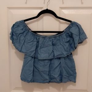 Haute Monde - Linen Blue Lightweight Crop Off the Shoulder Top - Medium